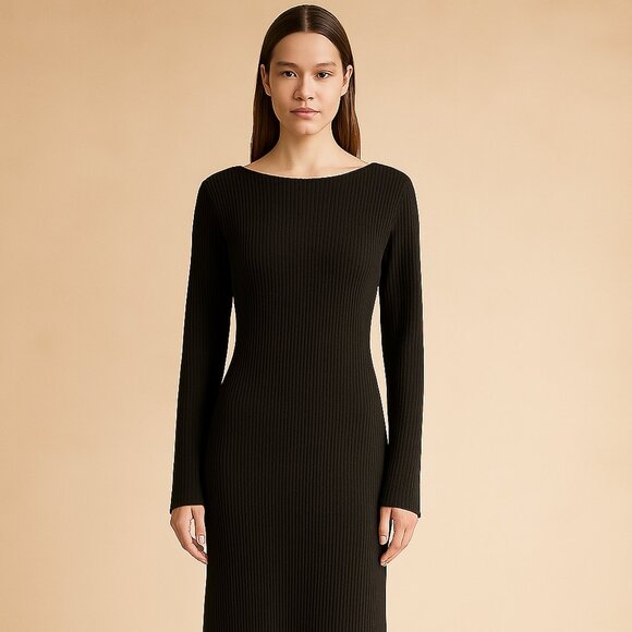 Uniqlo Ribbed Knit Black Midi Dress, Size M - Picture 5 of 5